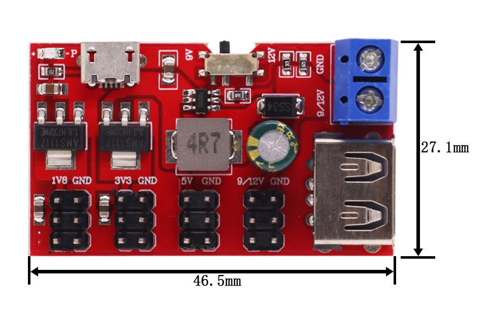 Spanningsregelaar breakout module DC-DC USB-micro afmetingen